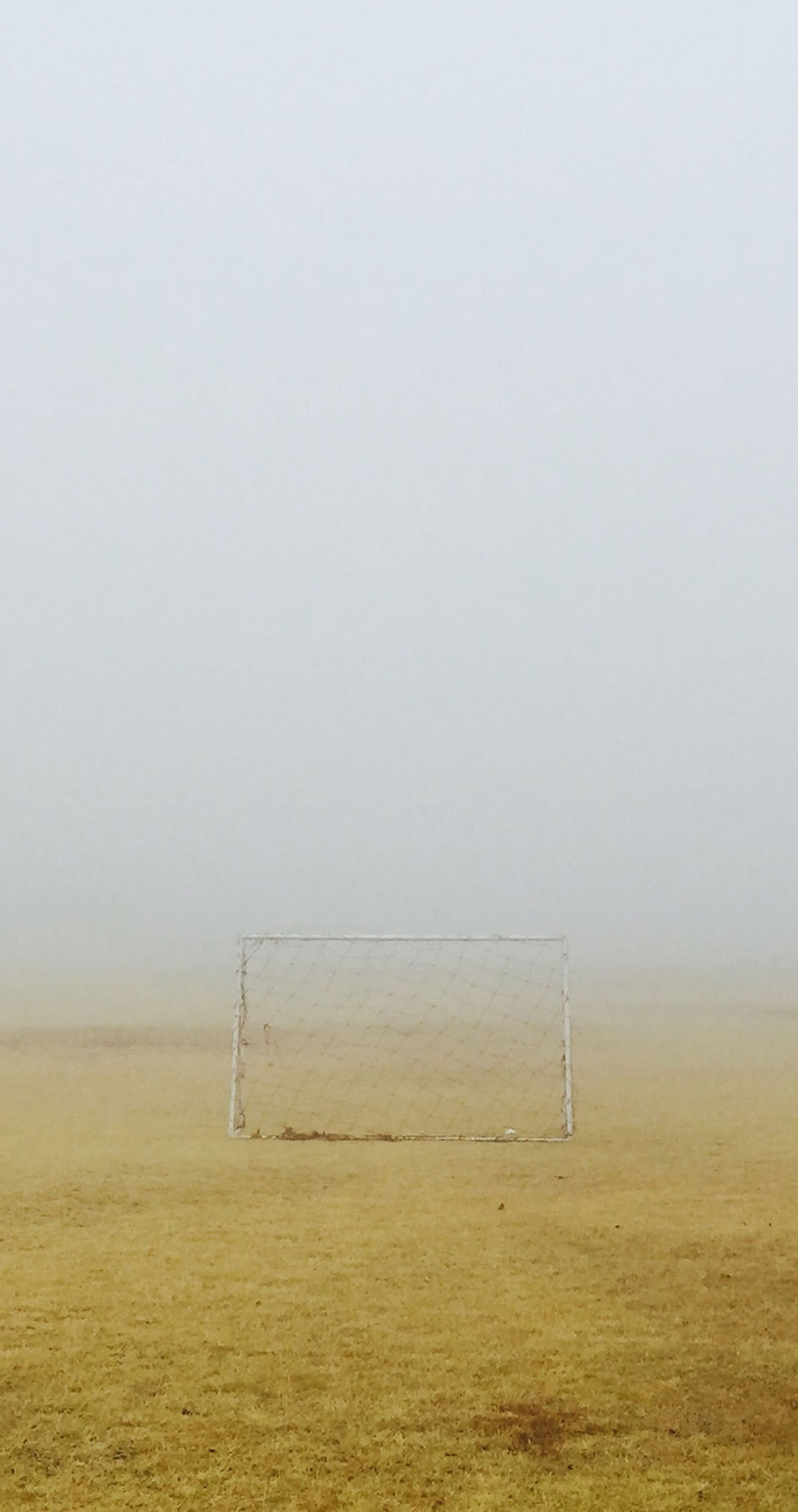 A foggy field with a single soccer goal in the center.